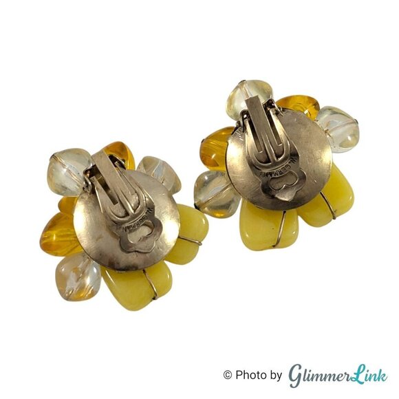 Vintage 50's Western Germany Yellow Beaded Cluster Gold Tone Clip On Earrings - Picture 7 of 11